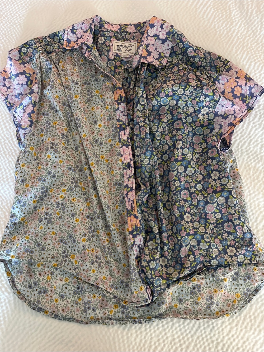 American Eagle Outfitters Mixed Floral Button-Up Blouse in Navy, Pink & Yellow